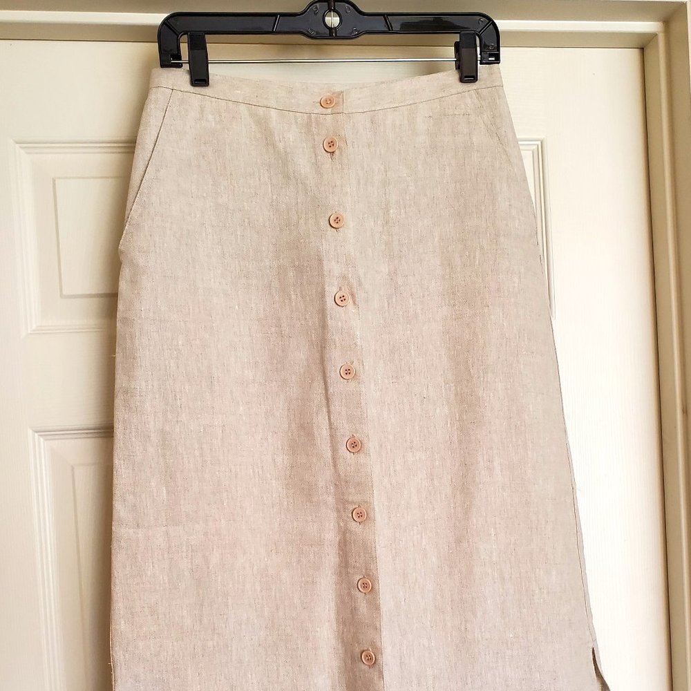 Jones New York Linen 10 Button Long Skirt (Size: 6) - Tan/Cream/Oatmeal